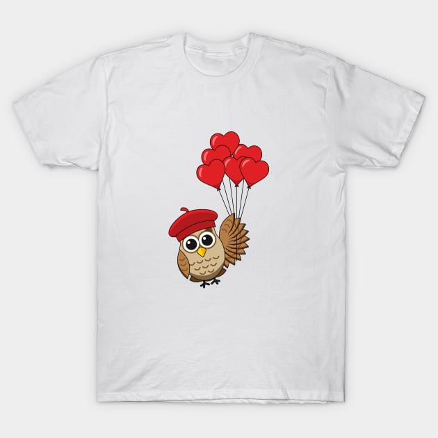 Cute Owl Flying with Heart Balloons T-Shirt by BirdAtWork